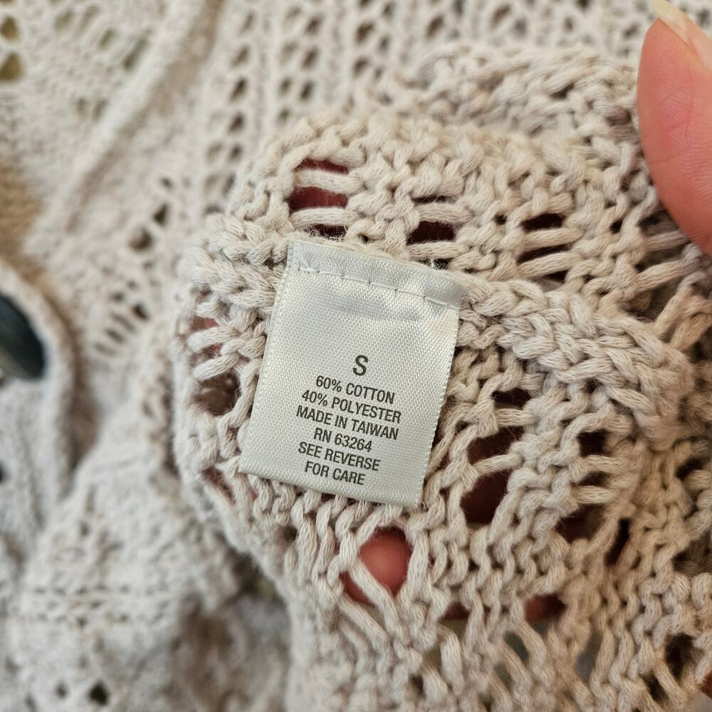 Vintage Women's Crochet Cardigan Small Bell Sleeve Cropped Beige Boho Hippie - Picture 6 of 7